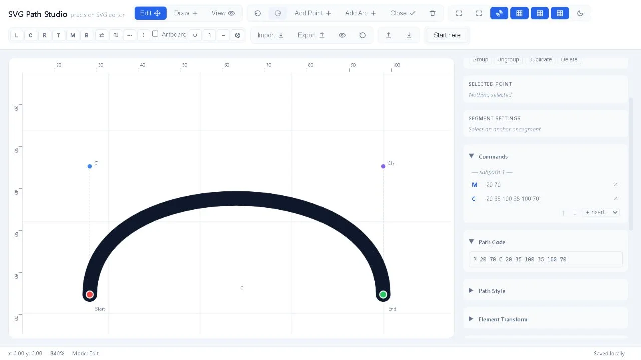 The edited curve and its C command in the public SVG Path Studio editor